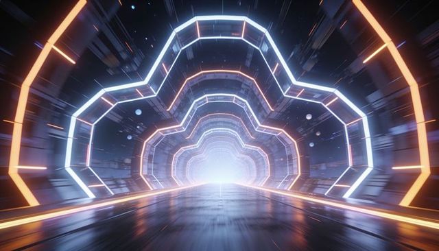 Neon futuristic tunnel with led arches reflective metallic floor leading to light portal