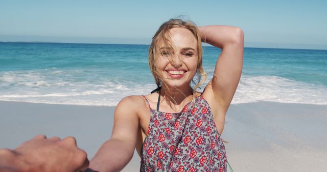 Happy Woman Smiling on Sandy Beach by Ocean - Download Free Stock Images Pikwizard.com