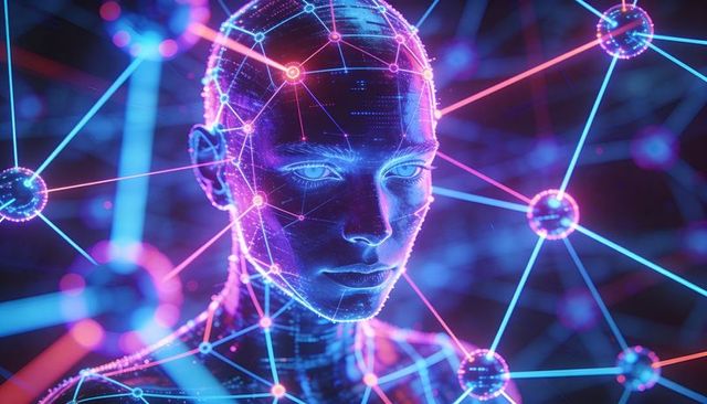 Glowing androgynous neon avatar connected by luminous network nodes for ai and cyberpunk
