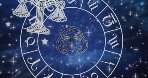 Astrological Wheel with Glowing Zodiac Icons on Starry Night Sky