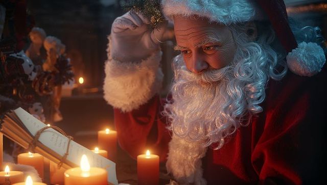 Thoughtful santa claus surveying naughty or nice list by candlelight