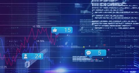Virtual Analytics Dashboard Featuring Neon Line Charts and Social Engagement Badges
