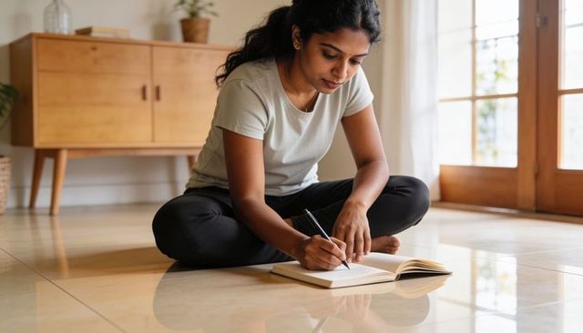 Sunlit minimalist home journaling — woman writing in notebook on floor by glass door