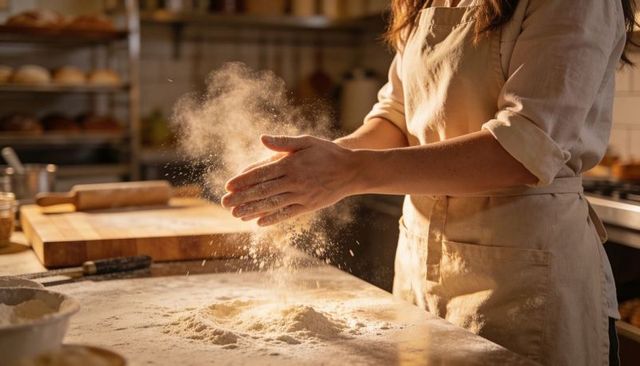 Artisan baker kneading dough with flour dusting on wooden counter in warm bakery kitchen