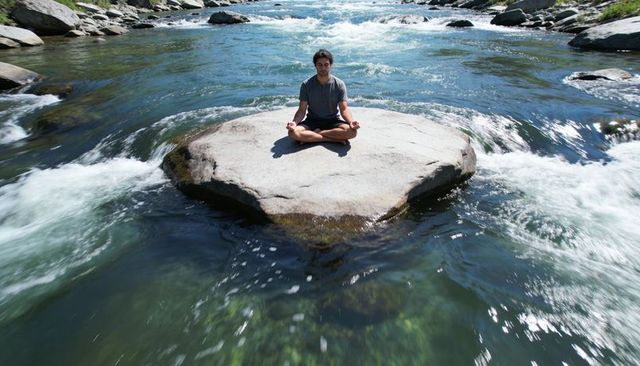 Meditating man sitting cross-legged on river rock amid flowing rapids