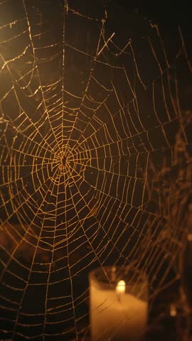 Flickering Candle Revealing Intricate Spider Web in Dark Room Vertical Video Golden Glow
