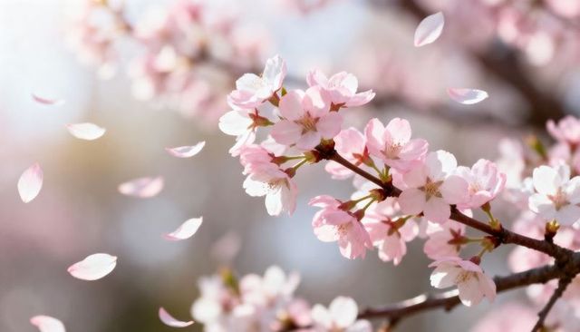 Blooming cherry blossom branch with falling petals, closeup pastel spring bokeh