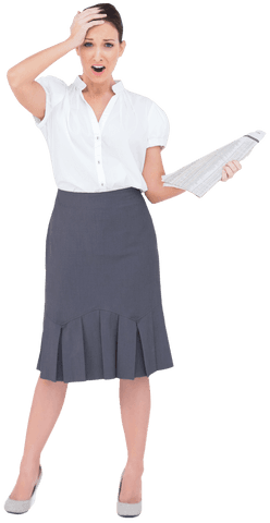 Shocked Businesswoman Holding Newspaper on Transparent Background