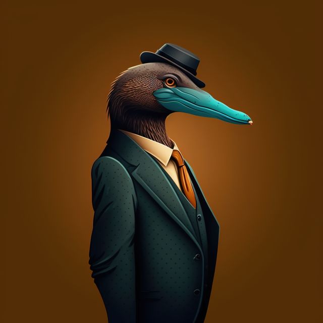 Digital illustration depicts anthropomorphic bird in formal suit, hat and tie. Blue bill and sophisticated clothing adds whimsical and elegant touch, highlighting business and high fashion sophistication themes. Perfect for use in creative projects, wall art, advertisements, or editorial illustrations that want to combine elements of humor and style.