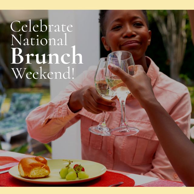 Composition of national brunch weekend text over african american woman with wine. National brunch weekend and celebration concept digitally generated image.