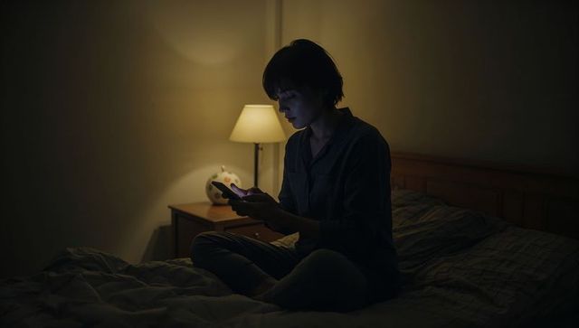 Woman checking smartphone in dim bedroom at night, cozy lowlight intimate moment