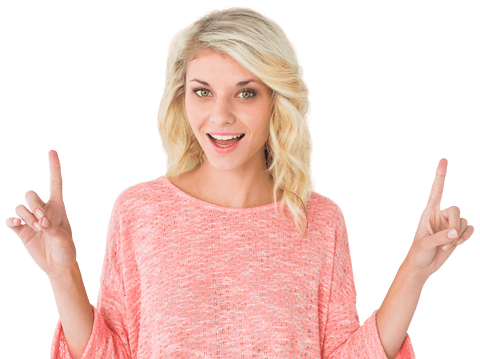 Happy Blonde Woman Smiling and Pointing Up Transparent