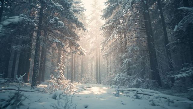 Sun Rays Through Snowy Pine Forest in Winter Wonderland