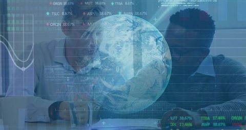 Colleagues Collaborating on Global Finance Data with Holographic Globe, Charts, Dashboards