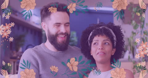 Diverse Couple Embracing Surrounded by Whimsical Floral Animation