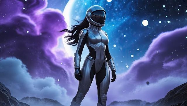 Futuristic astronaut exploring alien planet under starry night sky