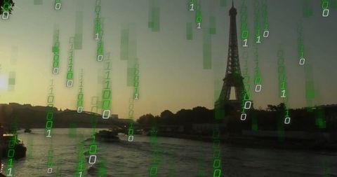 Eiffel Tower with Binary Code at Dusk on Seine River