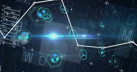 Futuristic Tech Graph with Glowing Hexagonal Nodes and UI Elements