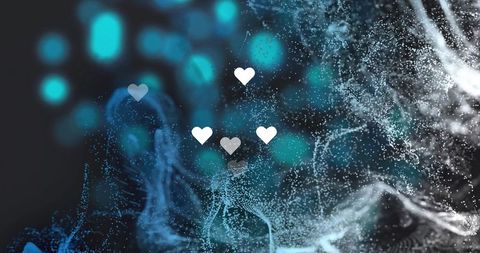 Floating heart icons glowing over cyan particle clouds, abstract digital love background