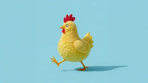 Playful yellow cartoon chicken striding in minimalist blue setting