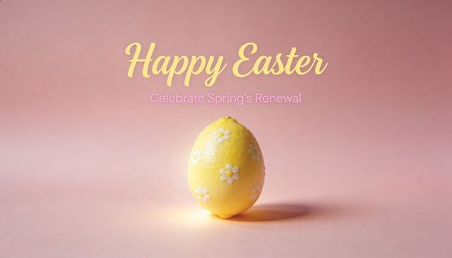 Yellow daisy easter egg on pastel pink background with happy easter greeting, minimal