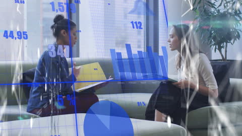 Business Dialogue Overlayed with Digital Financial Data Visuals