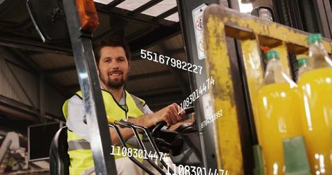 Warehouse Operator with Forklift Load of Yellow Bottles and Digital Overlays