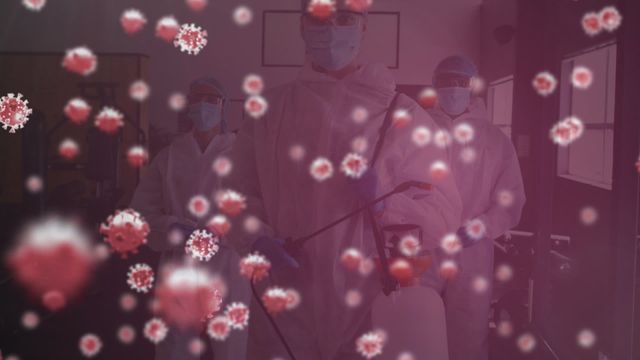 Image features medical workers in protective clothing combatting virus cells during a pandemic. Saturated tones highlight floating virus illustrations that represent infection control challenges. Suitable for pandemic-related articles, educational materials on infection prevention or global health crisis discussions.