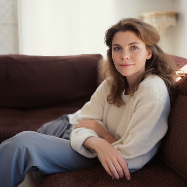 This image features a young woman sitting on a couch in a relaxed and comfortable pose. The natural daylight illuminates her face, creating a serene and cozy atmosphere. She is wearing casual clothes, making the setting homey and calm. This photo can be used for lifestyle blogs, home decor promotions, advertisements for casual wear, or articles about relaxation and well-being.