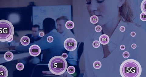 Business professionals connecting through 5G network overlay in modern office meeting