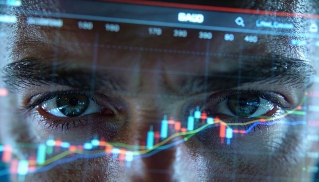 Concentrating trader eyes reflecting candlestick chart, monitoring market data on screen