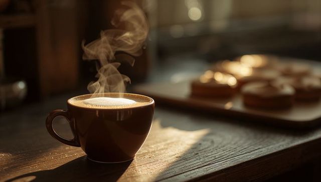 Steaming Ceramic Coffee Cup with Crema on Rustic Wooden Table, Sunlit Cafe Pastries