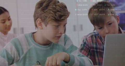 Children collaborating on stem project with data overlay