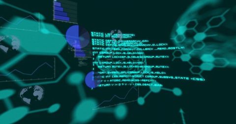 Holographic Cybersecurity Dashboard Visualizing Neon Teal Code, Honeycomb Grid, Data Charts
