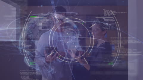 Business Team Analyzing Holographic Data in Office Environment