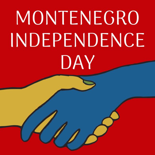Graphic illustration commemorating Montenegro Independence Day, depicting unity and partnership through the symbolism of a handshake against a red background. This image can be used for social media posts, educational materials, cultural presentations, and national holiday events, celebrating the spirit of togetherness and national pride.