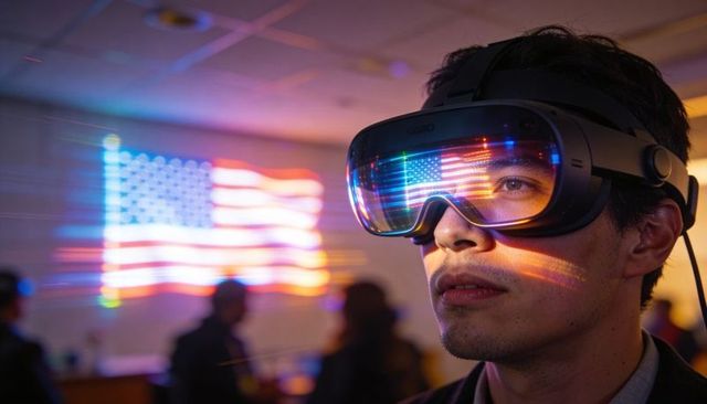 Man wearing vr headset experiencing holographic american flag during immersive demo