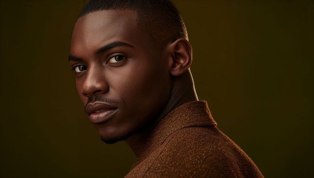 Intense studio headshot of man looking back over shoulder wearing textured brown sportcoat