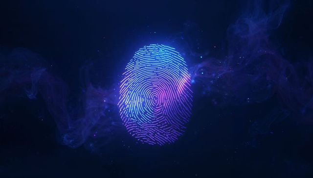 Glowing Neon Fingerprint in Digital Space with Purple-Blue Swirls