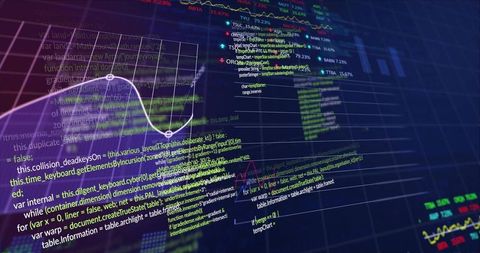 Neon Financial Analytics Dashboard with JavaScript Code Overlay and Curved Line Plot