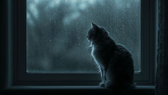 Long-haired cat sitting on windowsill gazing through rain-speckled glass at moody dusk