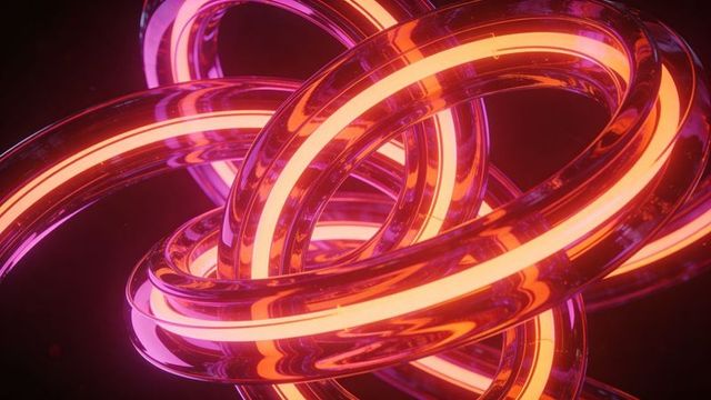 Glowing intertwined neon rings forming futuristic glass knot with vibrant cores