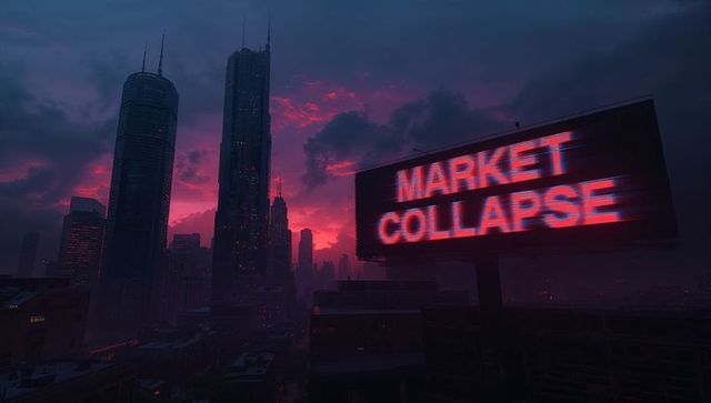 Dystopian skyline with glitching market collapse billboard at twilight