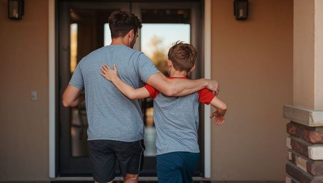 Father and son walking into home embracing on front porch back view family bonding evening