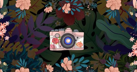 Vintage camera over vibrant floral background art