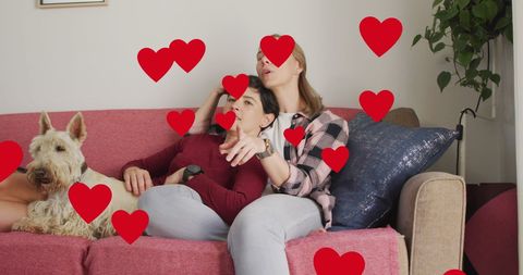 Couple Relaxing with Dog and Heart Overlay Symbolizing Love - Download Free Stock Images Pikwizard.com