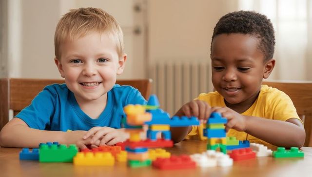 Young boys building with colorful blocks in playroom