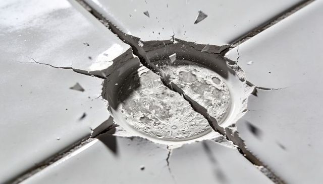 Porcelain drain cracking across white ceramic tiles with flying shards and radial fractures
