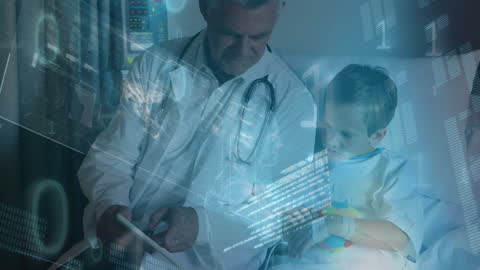 Doctor Using Tablet with Young Patient in Hospital Technology Overlay
