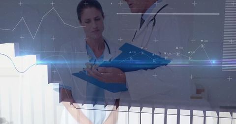 Healthcare Professionals Analyzing Data with Futuristic Graph Interface